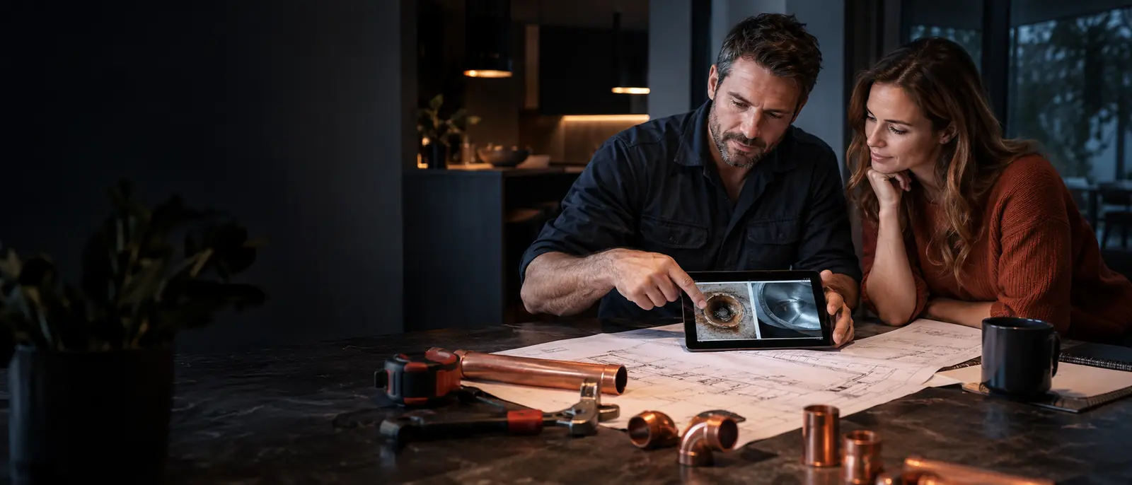 Homeowner reviewing plumbing plans and inspection images with a plumbing professional