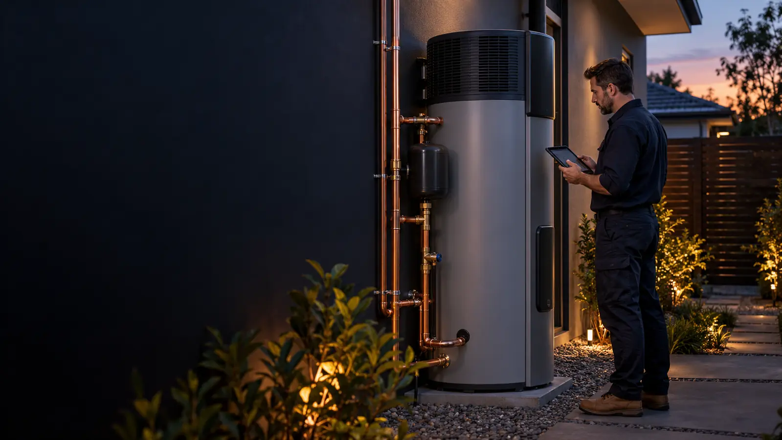 Professional visually inspecting a modern residential hot-water system