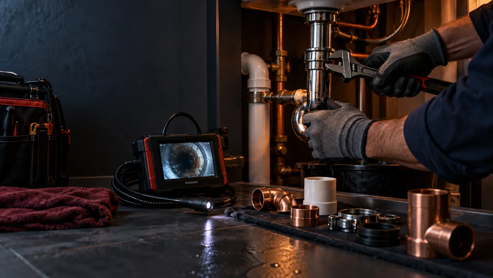 Professional plumbing inspection with pipework, tools and camera equipment